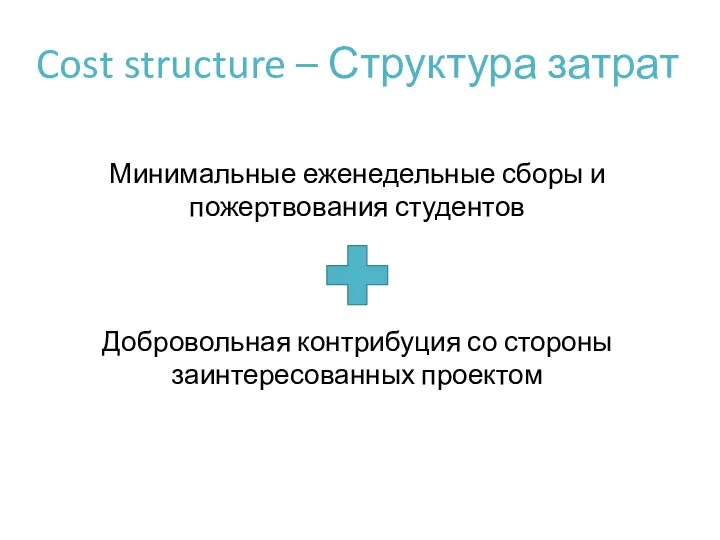 Cost structure – Структура затрат Минимальные еженедельные сборы и пожертвования студентов Добровольная