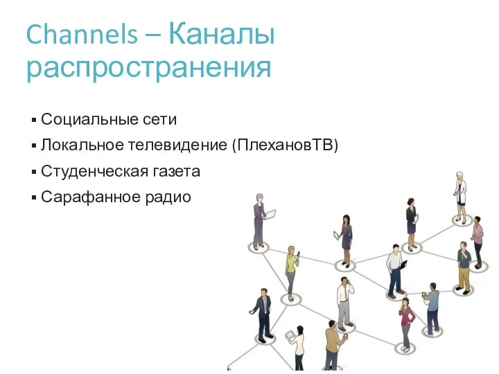 Channels – Каналы распространения Социальные сети Локальное телевидение (ПлехановТВ) Студенческая газета Сарафанное радио