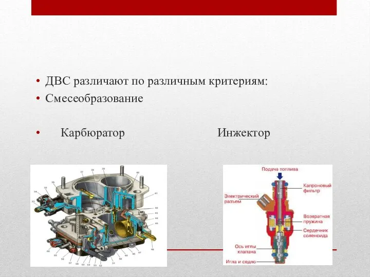 Типы ДВС ДВС различают по различным критериям: Смесеобразование Карбюратор Инжектор