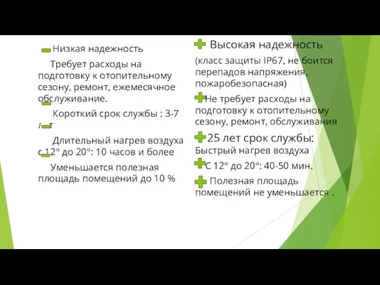 Низкая надежность Требует расходы на подготовку к отопительному сезону, ремонт, ежемесячное обслуживание.