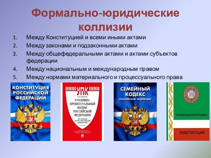 Формально-юридические коллизии Между Конституцией и всеми иными актами Между законами и подзаконными