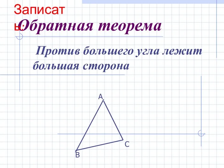 Обратная теорема Против большего угла лежит большая сторона В А С Записать: