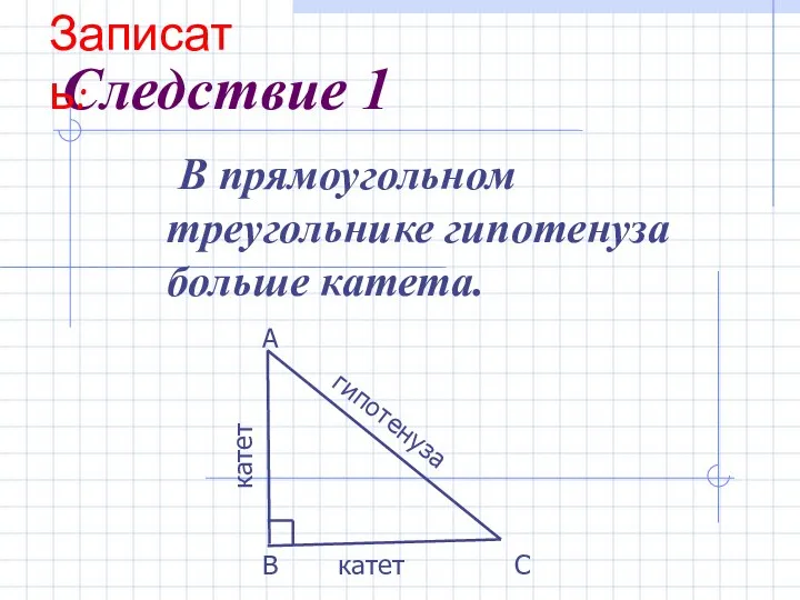 Следствие 1 В прямоугольном треугольнике гипотенуза больше катета. В А С гипотенуза катет катет Записать: