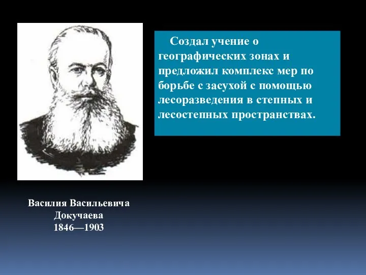Василия Васильевича Докучаева 1846—1903 Создал учение о географических зонах и предложил комплекс