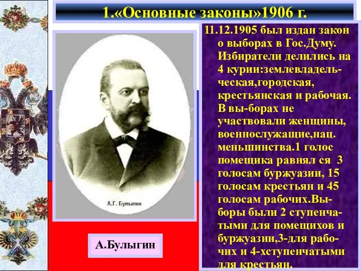 11.12.1905 был издан закон о выборах в Гос.Думу. Избиратели делились на 4