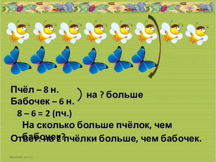 Пчёл – 8 н. Бабочек – 6 н. на ? больше 8