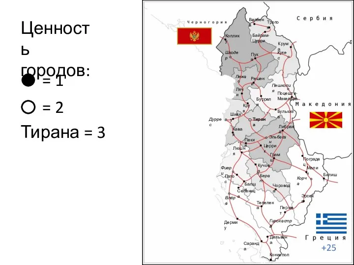 Ценность городов: = 1 = 2 Тирана = 3 Тропоя Валбона Байрам-Цурри