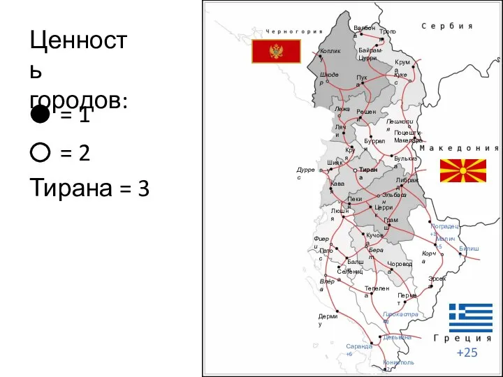 Ценность городов: = 1 = 2 Тирана = 3 Тропоя Валбона Байрам-Цурри