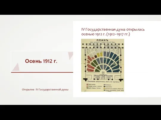 Осень 1912 г. IV Государственная дума открылась осенью 1912 г. (1912–1917 гг.) Открытие IV Государственной думы