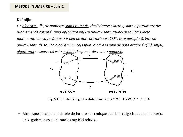 Definiţie: Un algoritm , P*, se numeşte stabil numeric, dacă datele exacte