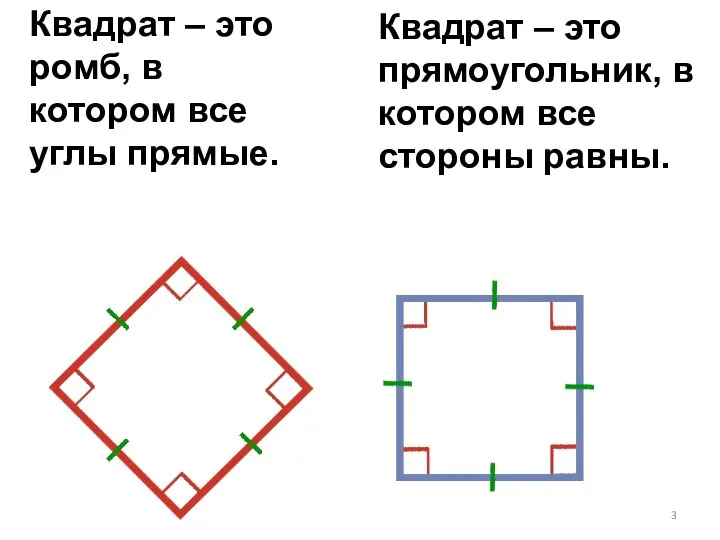 Квадрат – это ромб, в котором все углы прямые. Квадрат – это