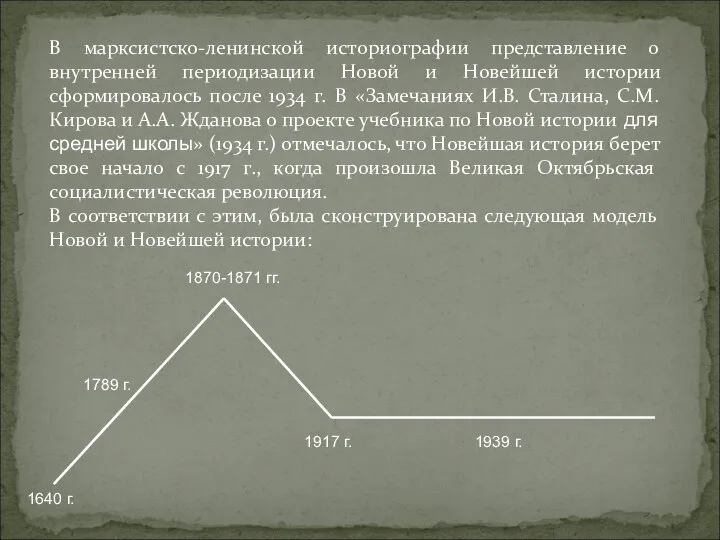 В марксистско-ленинской историографии представление о внутренней периодизации Новой и Новейшей истории сформировалось