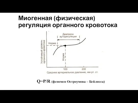 Миогенная (физическая) регуляция органного кровотока Q=P/R (феномен Остроумова – Бейлисса) 80-160 мм.рт.ст.