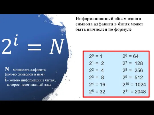 N – мощность алфавита (кол-во символов в нем) i– кол-во информации в