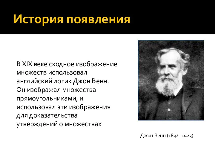 История появления Джон Венн (1834–1923) В XIX веке сходное изображение множеств использовал