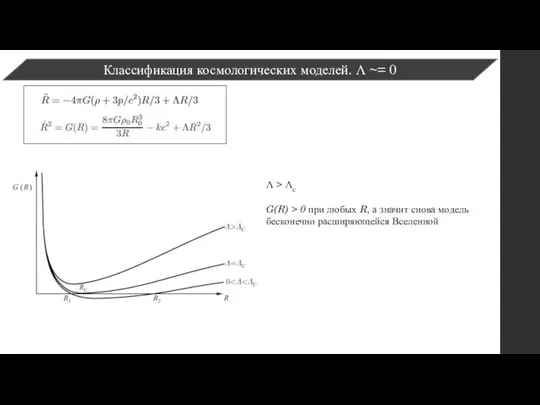 Классификация космологических моделей. Λ ~= 0 Λ > Λc G(R) > 0