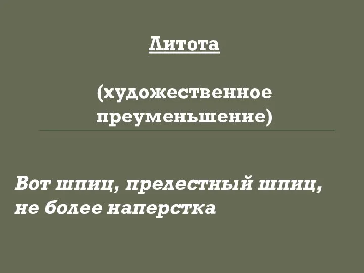 Литота (художественное преуменьшение) Вот шпиц, прелестный шпиц, не более наперстка