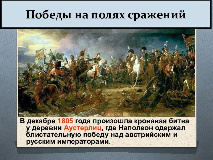 В декабре 1805 года произошла кровавая битва у деревни Аустерлиц, где Наполеон