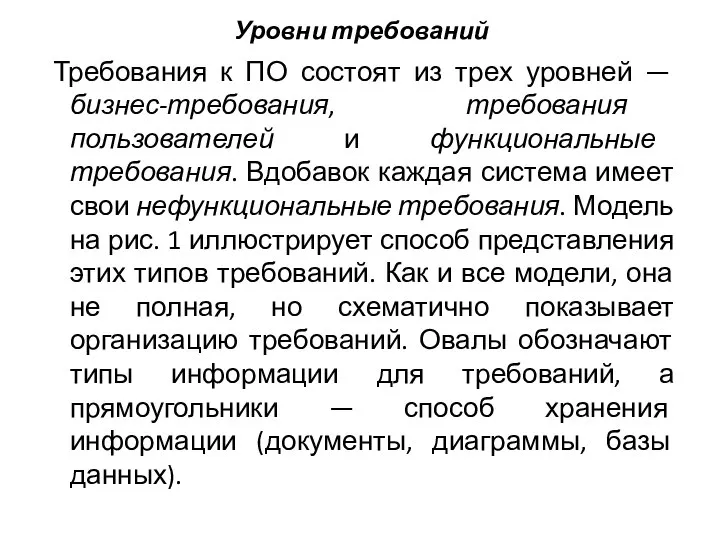 Уровни требований Требования к ПО состоят из трех уровней — бизнес-требования, требования