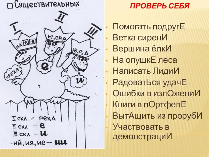 ПРОВЕРЬ СЕБЯ Помогать подругЕ Ветка сиренИ Вершина ёлкИ На опушкЕ леса Написать