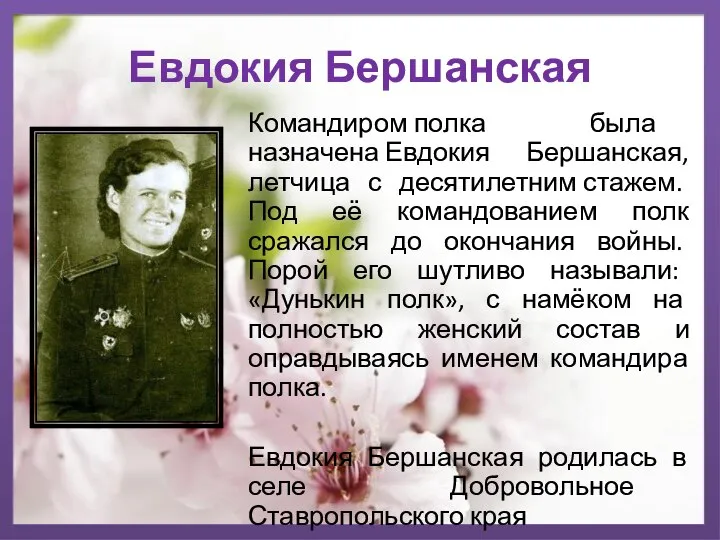 Евдокия Бершанская Командиром полка была назначена Евдокия Бершанская, летчица с десятилетним стажем.