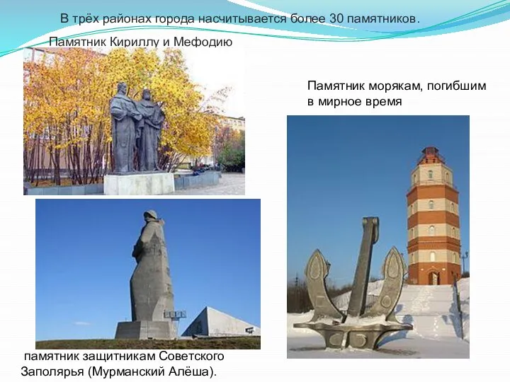 В трёх районах города насчитывается более 30 памятников. памятник защитникам Советского Заполярья