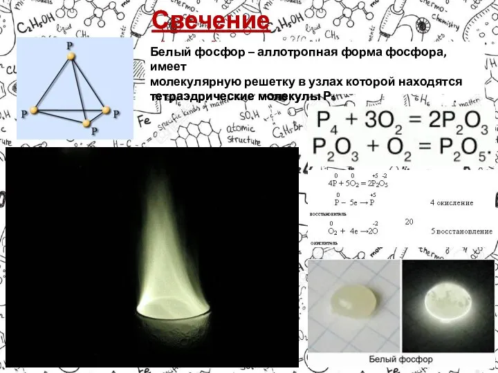 Свечение фосфора. Белый фосфор – аллотропная форма фосфора, имеет молекулярную решетку в