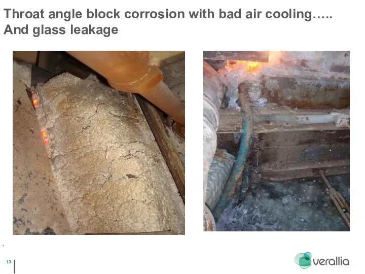 * Throat angle block corrosion with bad air cooling….. And glass leakage