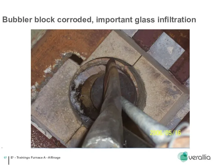 E² - Trainings Furnace A - Affinage * Bubbler block corroded, important glass infiltration