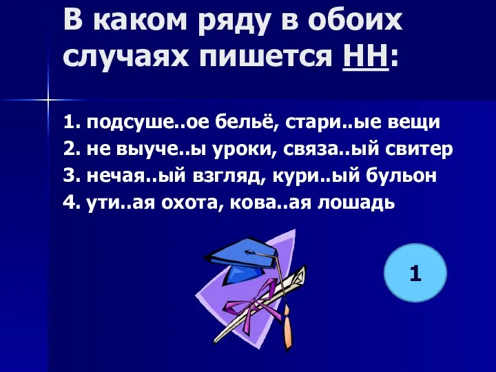 В каком ряду в обоих случаях пишется НН: 1. подсуше..ое бельё, стари..ые