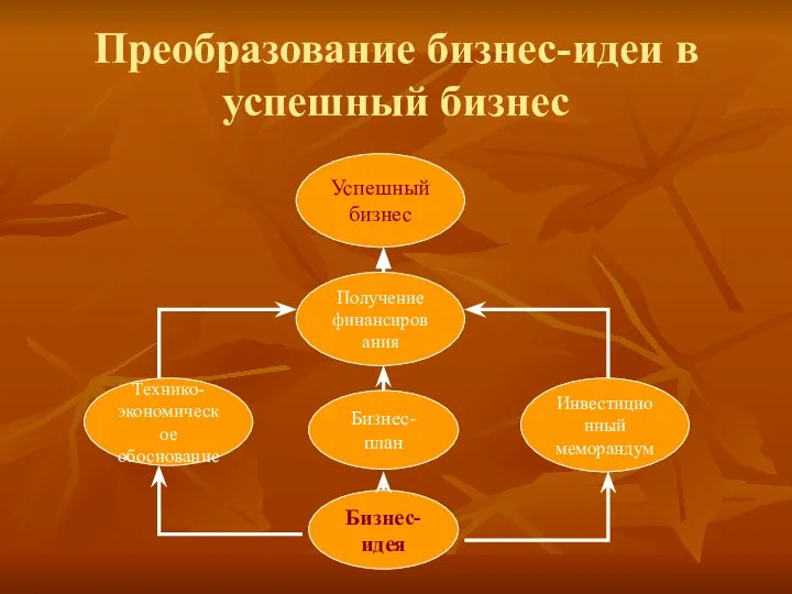 Преобразование бизнес-идеи в успешный бизнес Бизнес-идея Бизнес-план Технико- экономическое обоснование Инвестиционный меморандум Получение финансирования Успешный бизнес