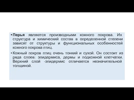 Перья являются производными кожного покрова. Их структура и химический состав в определенной