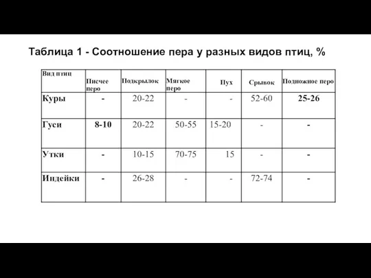 Таблица 1 - Соотношение пера у разных видов птиц, %