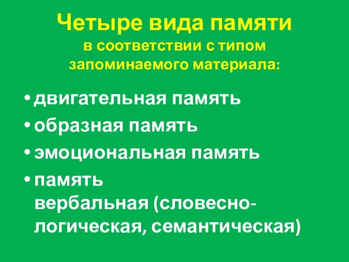 Четыре вида памяти в соответствии с типом запоминаемого материала: двигательная память образная