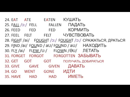 24. EAT ATE EATEN КУШАТЬ 25. FALL /ɔ:/ FELL FALLEN ПАДАТЬ 26.