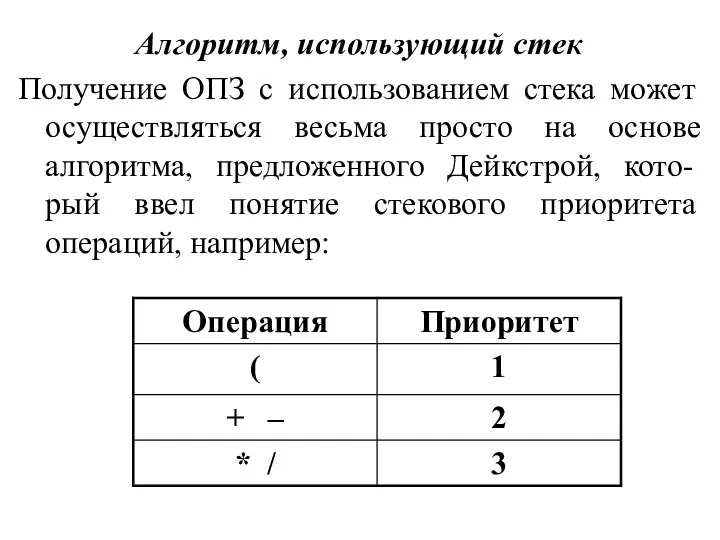 Алгоритм, использующий стек Получение ОПЗ с использованием стека может осуществляться весьма просто