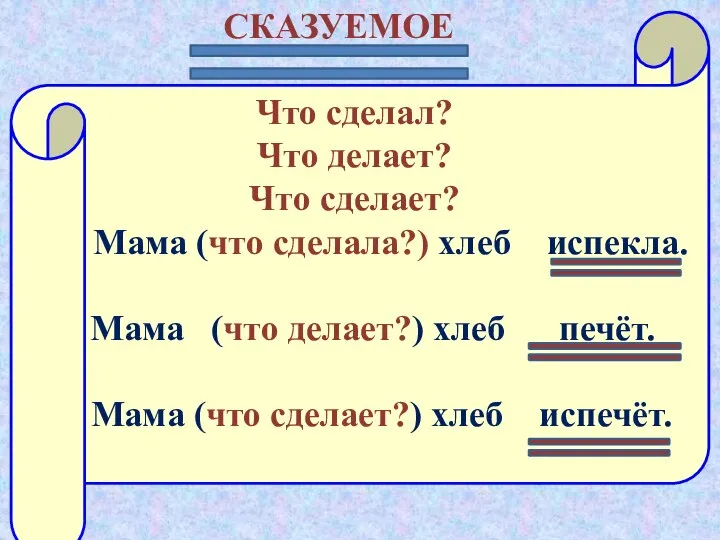 СКАЗУЕМОЕ Что сделал? Что делает? Что сделает? Мама (что сделала?) хлеб испекла.