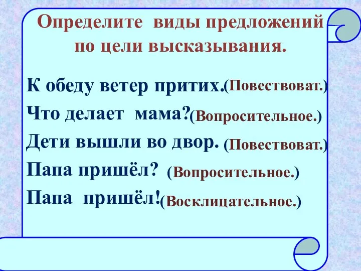 Определите виды предложений по цели высказывания. К обеду ветер притих. Что делает