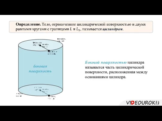 Боковой поверхностью цилиндра называется часть цилиндрической поверхности, расположенная между основаниями цилиндра. боковая поверхность