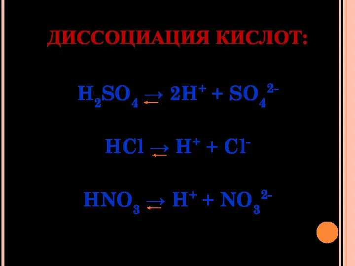 ДИССОЦИАЦИЯ КИСЛОТ: H2SO4 → 2H+ + SO42- HCl → H+ + Cl-