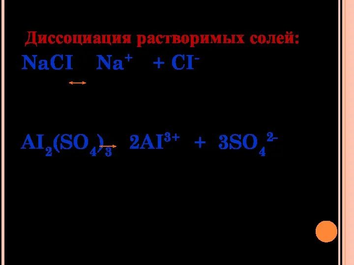 Диссоциация растворимых солей: NaCI Na+ + CI- AI2(SO4)3 2AI3+ + 3SO42-