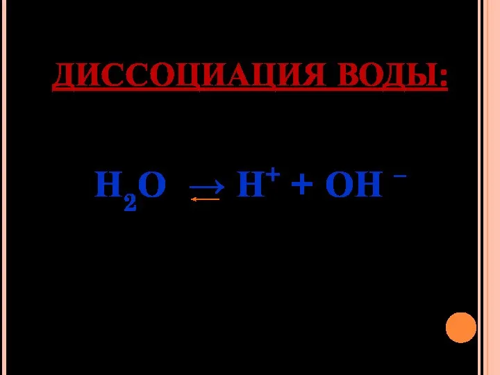 ДИССОЦИАЦИЯ ВОДЫ: Н2О → Н+ + ОН –