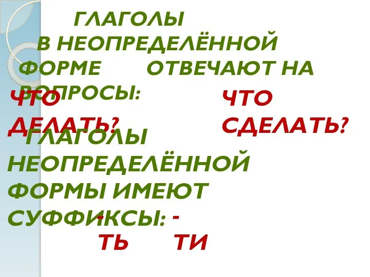 ГЛАГОЛЫ В НЕОПРЕДЕЛЁННОЙ ФОРМЕ ОТВЕЧАЮТ НА ВОПРОСЫ: ЧТО ДЕЛАТЬ? ЧТО СДЕЛАТЬ? ГЛАГОЛЫ