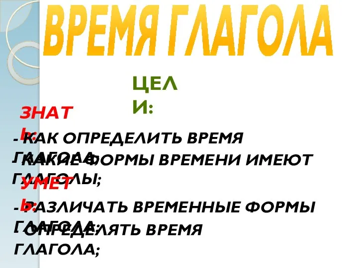 ВРЕМЯ ГЛАГОЛА ЦЕЛИ: ЗНАТЬ: - КАК ОПРЕДЕЛИТЬ ВРЕМЯ ГЛАГОЛА; - КАКИЕ ФОРМЫ