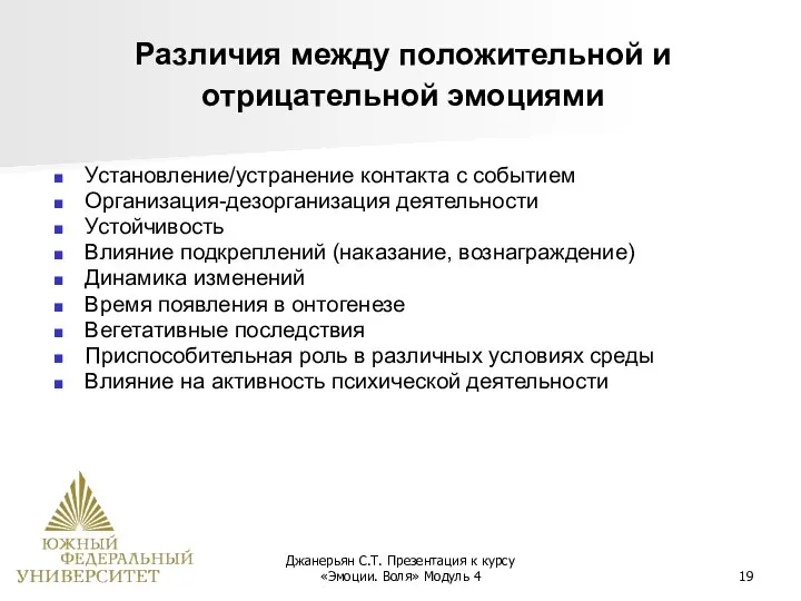 Джанерьян С.Т. Презентация к курсу «Эмоции. Воля» Модуль 4 Различия между положительной