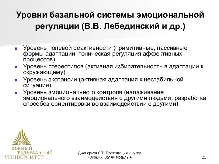 Джанерьян С.Т. Презентация к курсу «Эмоции. Воля» Модуль 4 Уровни базальной системы