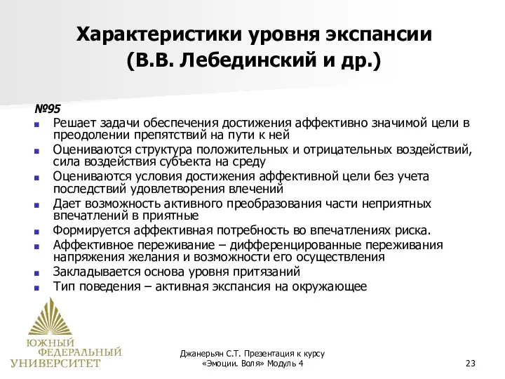 Джанерьян С.Т. Презентация к курсу «Эмоции. Воля» Модуль 4 Характеристики уровня экспансии