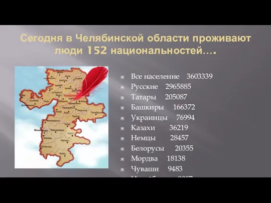 Сегодня в Челябинской области проживают люди 152 национальностей…. Все население 3603339 Русские
