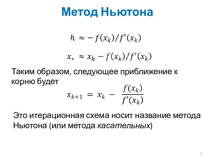 Метод Ньютона Таким образом, следующее приближение к корню будет Это итерационная схема