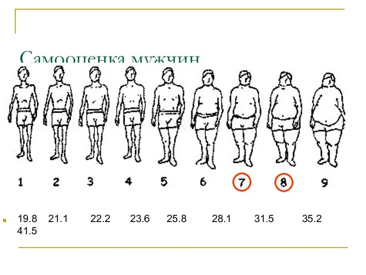 Самооценка мужчин 19.8 21.1 22.2 23.6 25.8 28.1 31.5 35.2 41.5
